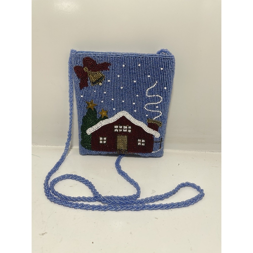 Christmas Holiday Beaded Crossbody Purse Blue Satin Home Christmas Scene